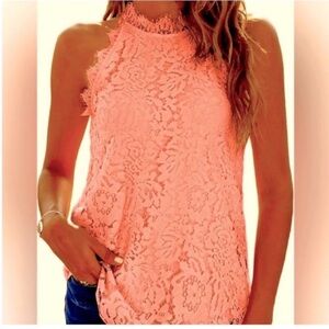 Halife NEW Halter Style Sleeveless Top Lace Peach Eyelash Fringe Keyhole Women M